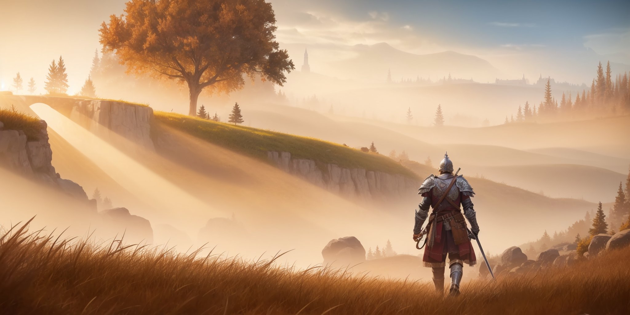 ethereal fantasy concept art of  <lora:Shadowland:0.7>,Shadowland,tree,outdoors,from behind,armor,grass,weapon,helmet,solo,sword,standing,light rays,sky,1boy,sunlight,facing away,cloud,sheath,sunbeam,ambiguous gender,male focus,helm,zoom layer,huge tree,, 8k, best quality, masterpiece, rule of thirds, superb, high resolution, sharp focus, extremely detailed description, professional, gorgeous and intricate details, . magnificent, celestial, ethereal, painterly, epic, majestic, magical, fantasy art, cover art, dreamy