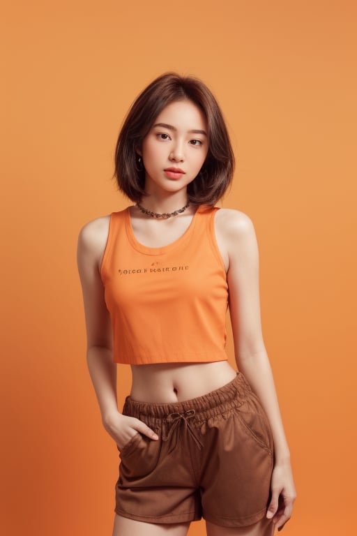 a woman, brown gradient hair, medium hair, crop top, navel, shorts, simple background, orange background, 24-years old<lora:EMS-350486-EMS:0.700000>, <lora:EMS-179-EMS:0.700000>