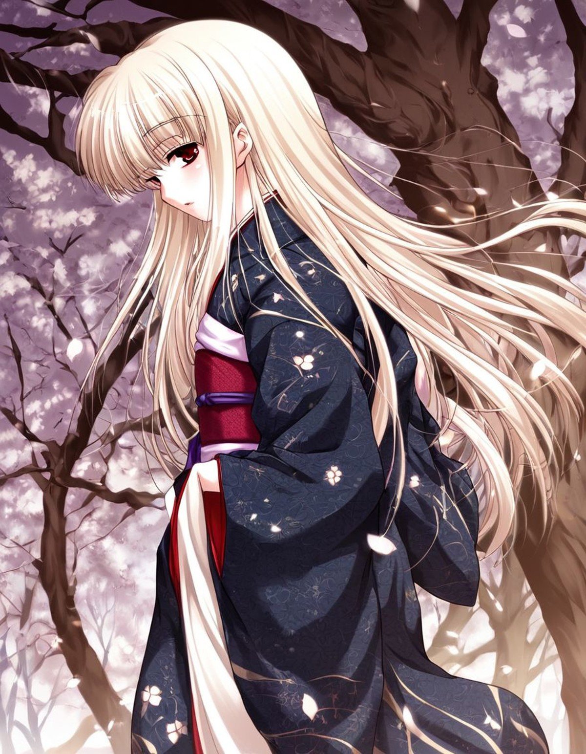 score_9, score_8_up, score_7_up, source_anime, rating_explicit, BREAK  <lora:Rindou_XL:1>Rindou, 1girl, solo, red eyes, long hair, white hair, blonde hair, albino,shimenawa, japanese clothes, rope, kimono, tree, shide,