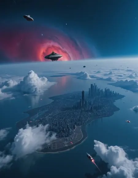 On a cloudy planet,  there is a large cyberpunk city with very hight dark blue buildings stretching above the clouds in sp...
