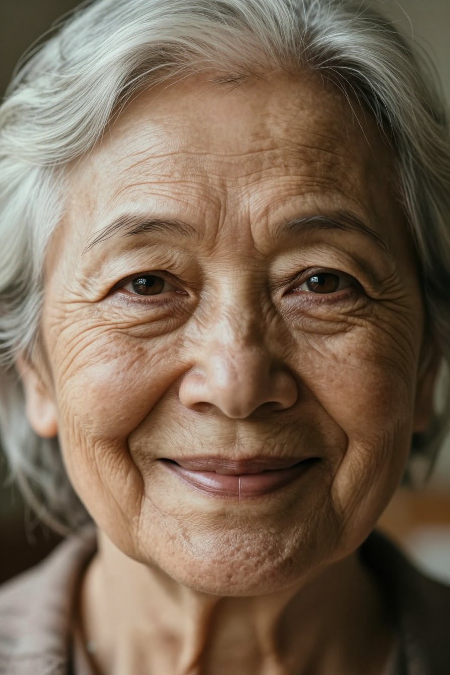 close-up portrait of an elderly woman,  warm smile,  detailed wrinkles by MazVer on Tensor.Art