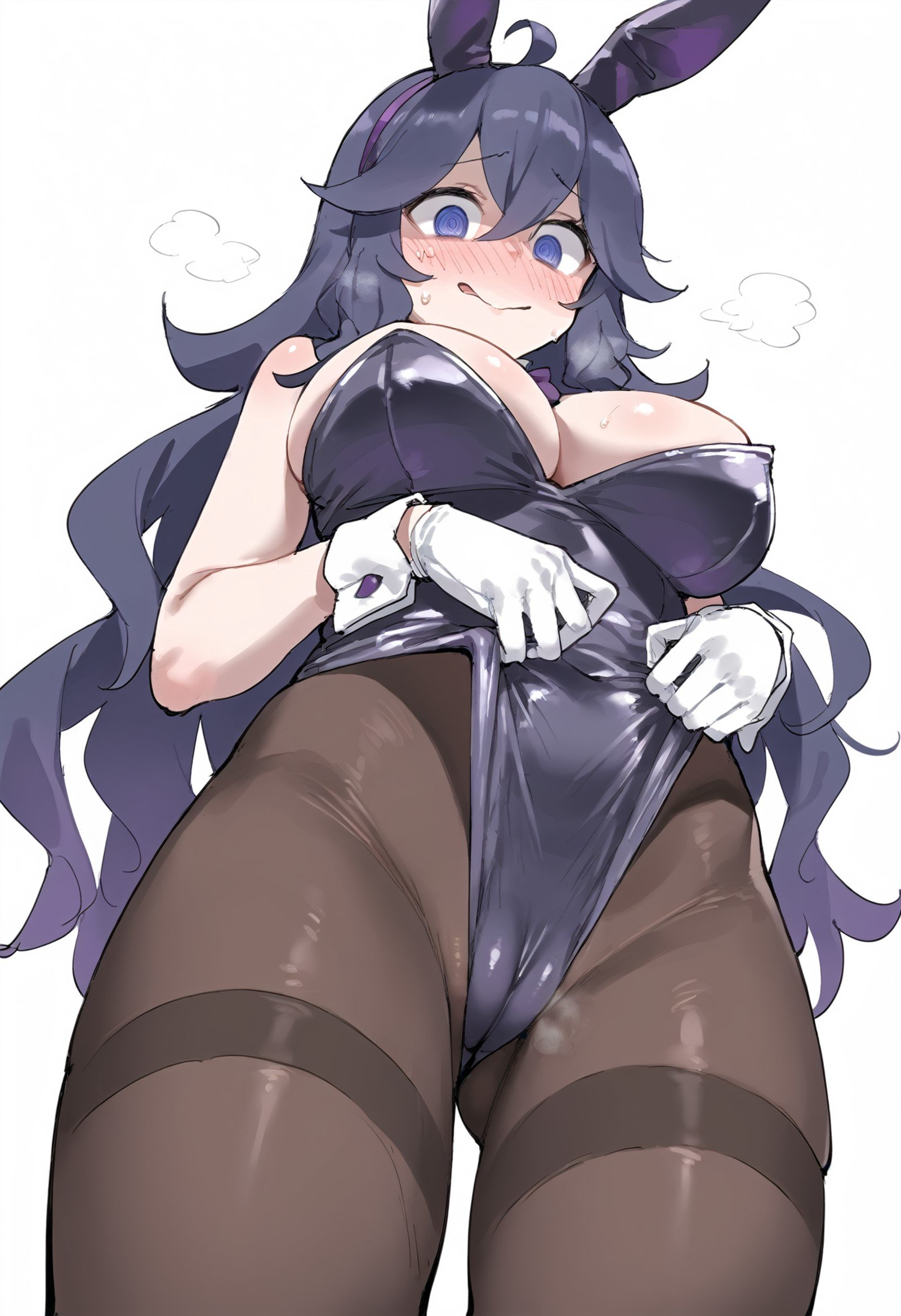 score_9,1girl, hex maniac (pokemon), cleavage, thick thighs, purple hair, long hair, embarrassed, animal ears, bare shoulders, blush, breasts, brown pantyhose, cameltoe, fake animal ears, from below, gloves, highleg, highleg leotard, impossible clothes, large breasts, leotard, leotard lift, looking down, pantyhose, playboy bunny, rabbit ears, solo, steam, strapless, strapless leotard, sweat, thighband pantyhose, wedgie, white gloves, wrist cuffs, close-up, white background, 