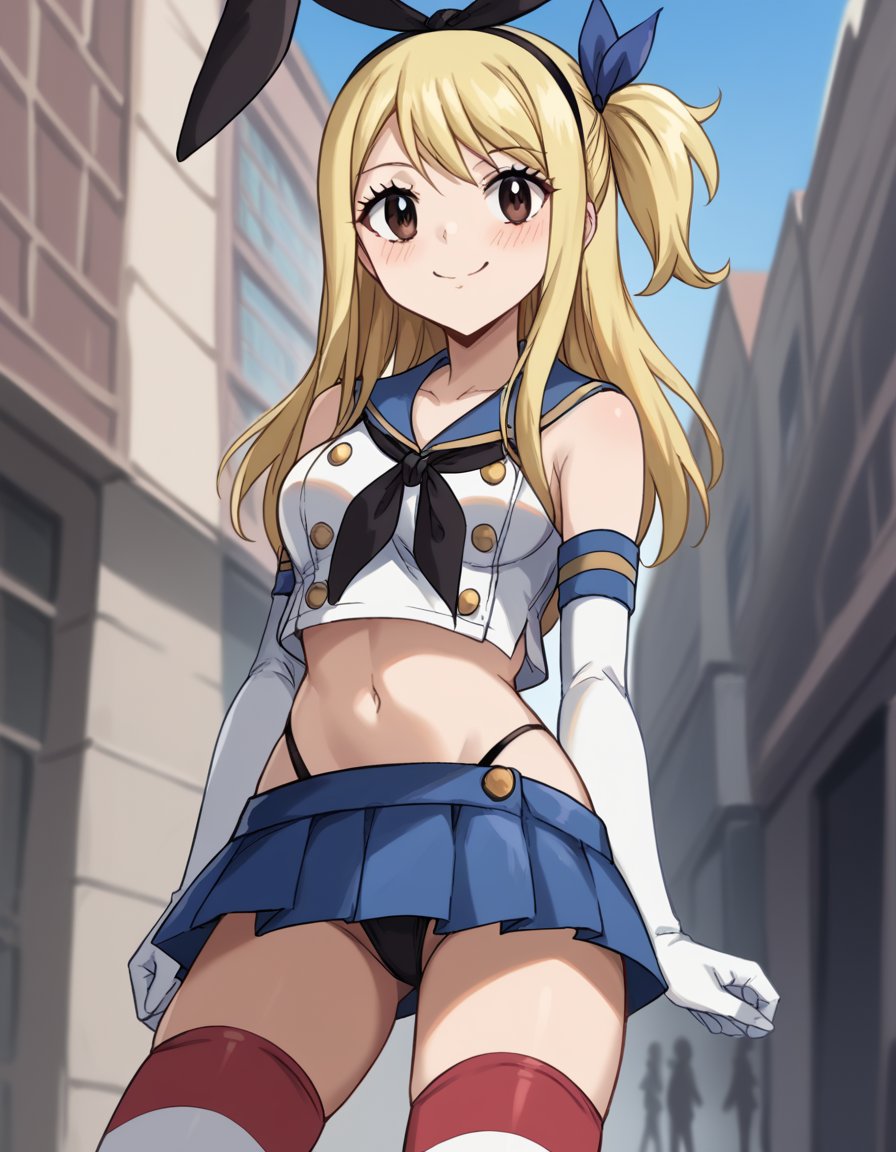 score_9, score_8_up, score_7_up, source_anime, lucyheartfilia, <lora:lucy-heartfilia-s7-ponyxl-lora-nochekaiser:1>, lucy heartfilia, blonde hair, brown eyes, long hair, one side up, ribbon, hair ribbon, blue ribbon,, <lora:shimakaze-cosplay-ponyxl-lora-nochekaiser:1>, shimakazecosplay, shimakaze \(cosplay\), highleg panties, black neckerchief, microskirt, striped thighhighs, highleg, black panties, elbow gloves, thong, blue sailor collar, white  gloves, crop top, sailor collar, blue skirt, black hairband, bunny ears,, outdoors, streets, smile, blush,, cowboy shot, dutch angle, solo,