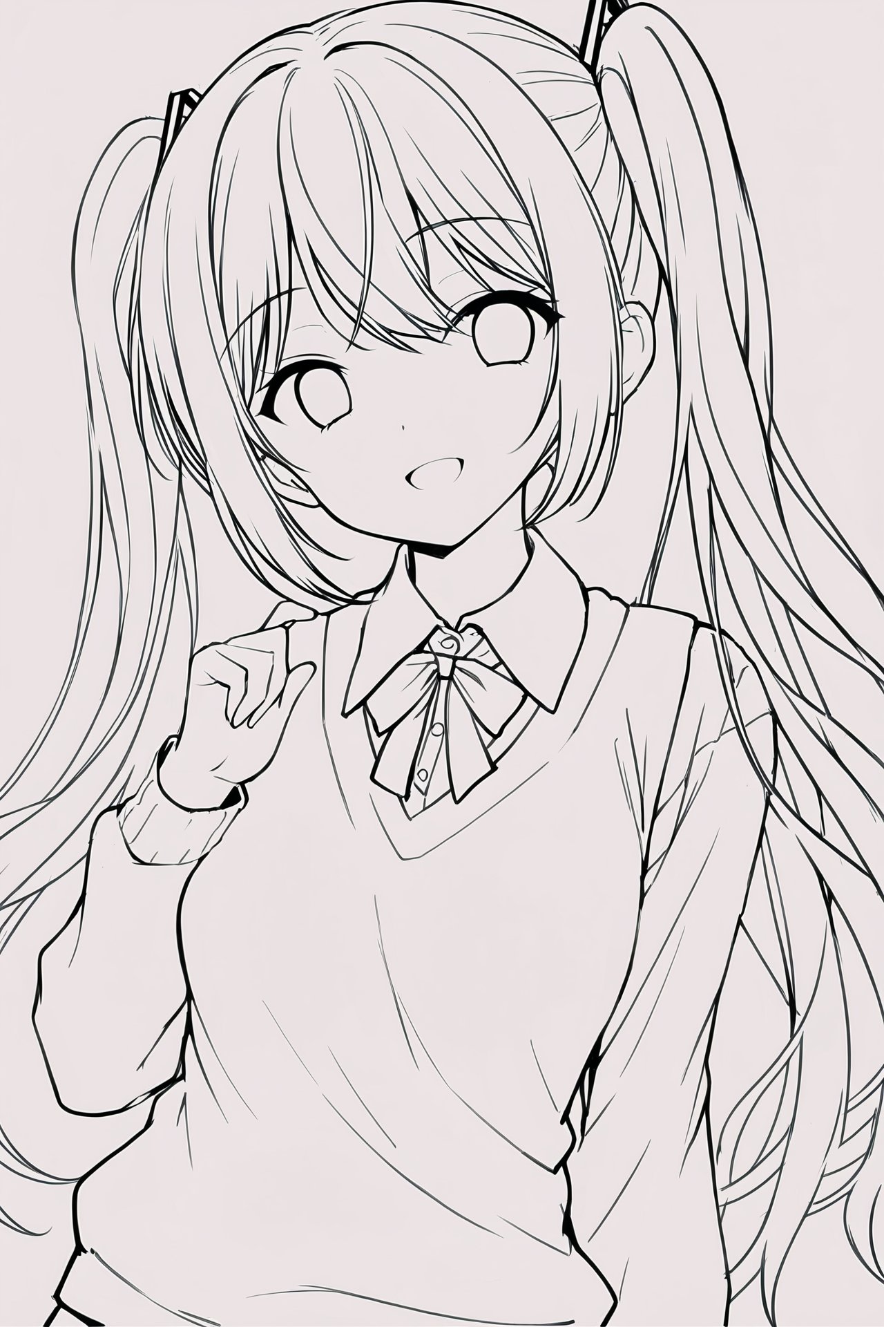 1girl,solo,monochrome,Line,lineart, solo, greyscale, twintails, long hair, smile, looking at viewer, school uniform, sweater vest, hatsune miku<lora:hansxl-XG:1>,