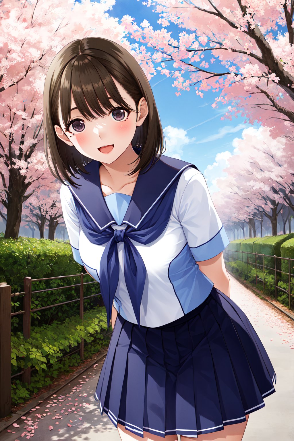 masterpiece, best quality, highres, aanene, short hair, serafuku, white shirt, short sleeves, sailor collar, blue neckerchief, pleated skirt, blue skirt, <lora:anegasaki_nene_v1:0.7>, arms behind back, leaning forward, standing, cowboy shot, smile, open mouth, outdoors, cherry blossoms,