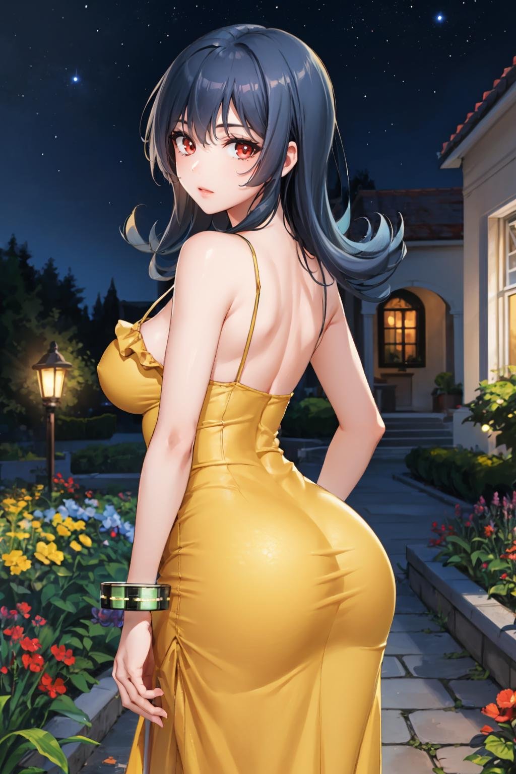 masterpiece, best quality, <lora:sabrina-nvwls-v1-000009:0.9> hgsssabrina, medium hair, (yellow sundress:1.4), bracelet, large breasts, from behind, garden, night sky, looking at viewer