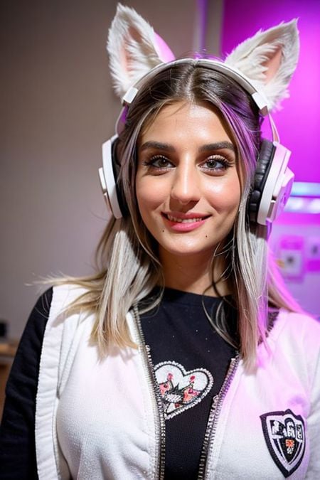 (photo of a gorgeous woman), (white messy hair), (soft even lighting), (colorful room behind), ((wearing  japanese gamer clothes)), (rabbit ear headphones), happy look, detailed face, detailed eyes, ((close-up photo)), masterpiece, ((best quality)), (eye contact), looking at the viewer, centred, shot from front,  <lora:Payal_Gaming:0.9>