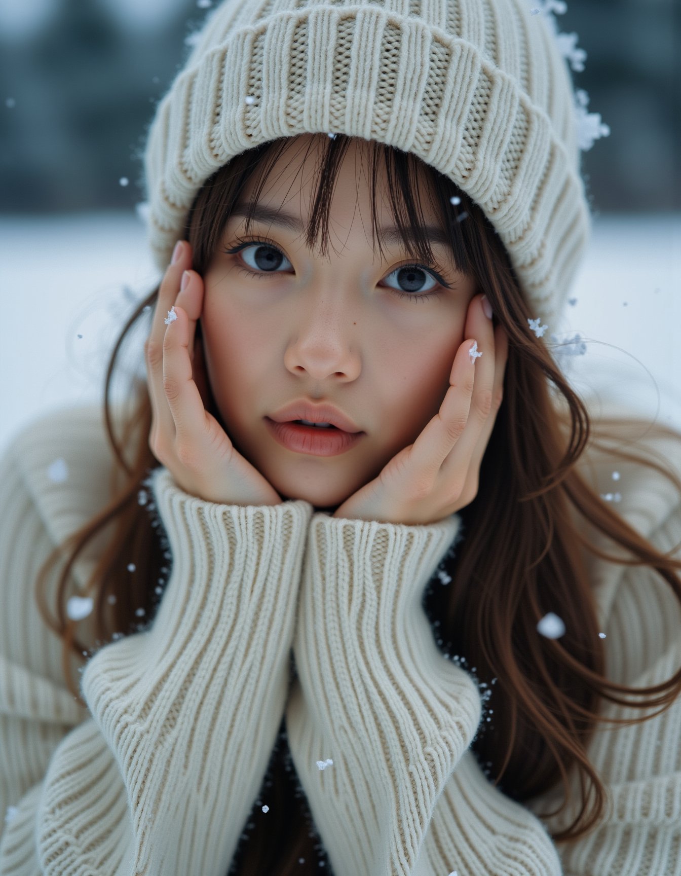 best quality, masterpiece, analogue photo of adult girl in sweater and sweater hat, looking at viewer, long hair, head shot, hold cheeks with hands, close-up, extremely beautiful detailed face, medium breasts, (cute face, temptations look), eye level, professional photo, high contrast exposure, soft bokeh, high key light, hard shadow, soft bokeh, snowing, snowing background, <lora:hinaFluxAsianMixLora_v2-rev4:0.8>