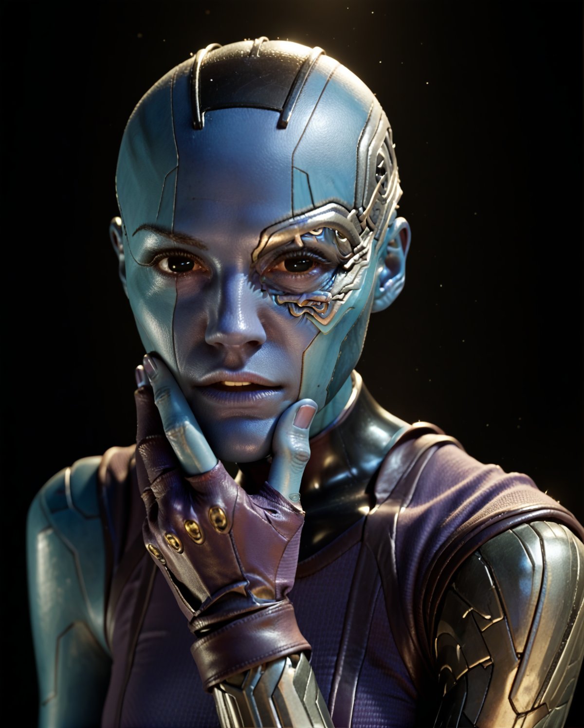 <lora:NebulaPony:0.7> nebula, solo,black eyes, female, beautiful, cyborg, sleeveless, blue skin, left robotic hand on chin, fingerless glove, bald, score_9, score_8_up, score_7_up, score_6_up, score_5_up, score_4_up