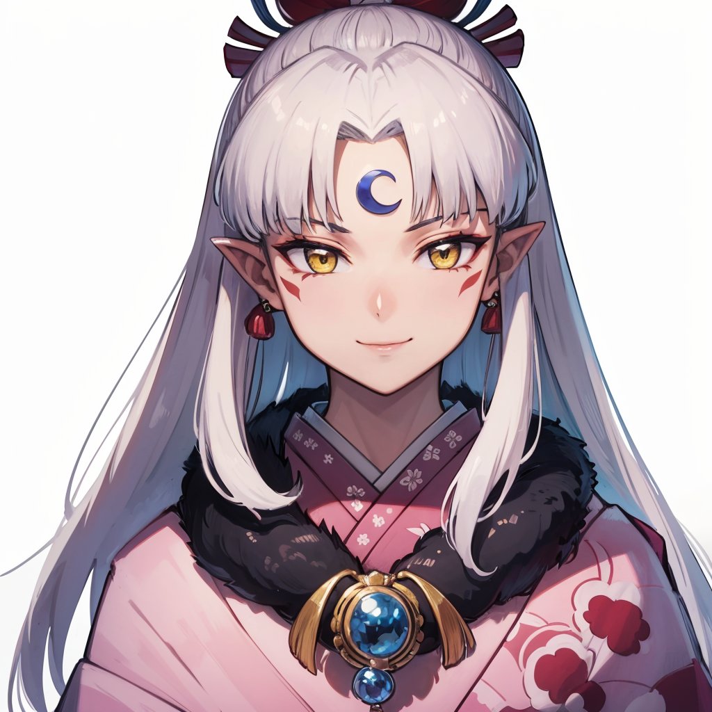 (masterpiece, best quality),ray tracing,absurdres, HDR,Sesshomaru imoto, pointy ears, solo, yellow eyes, long hair, japanese clothes, facial mark, jewelry, 1girl, white hair, white background, forehead mark, kimono, necklace, simple background, looking at viewer, upper body, magatama, smile, closed mouth, sidelocks, fur trim, crescent, bangs, fur, moon on the forehead<lora:Sesshomaru imoto:0.7>