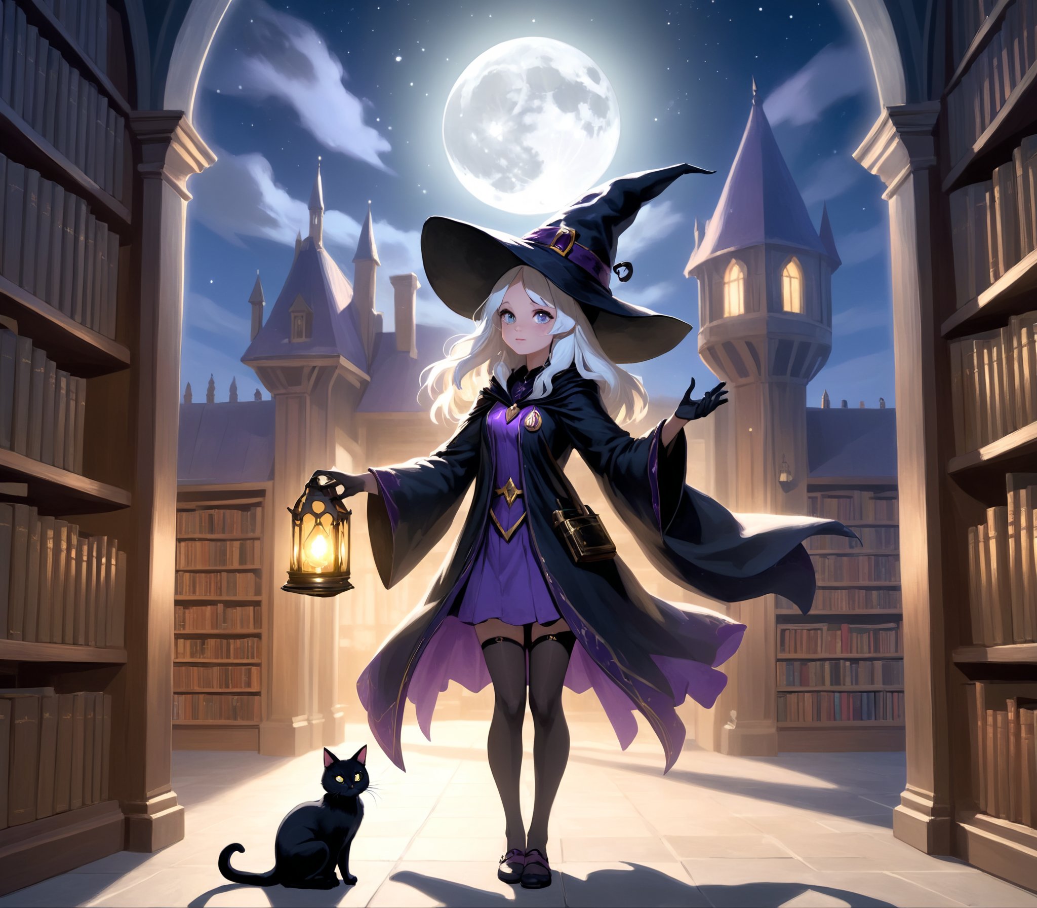 highres,best quality,wizard, 1 girl, illuminated by the moonlight, with her black cat familiar, Fantastically lit library, invoking magic, best quality, newest, absurdres