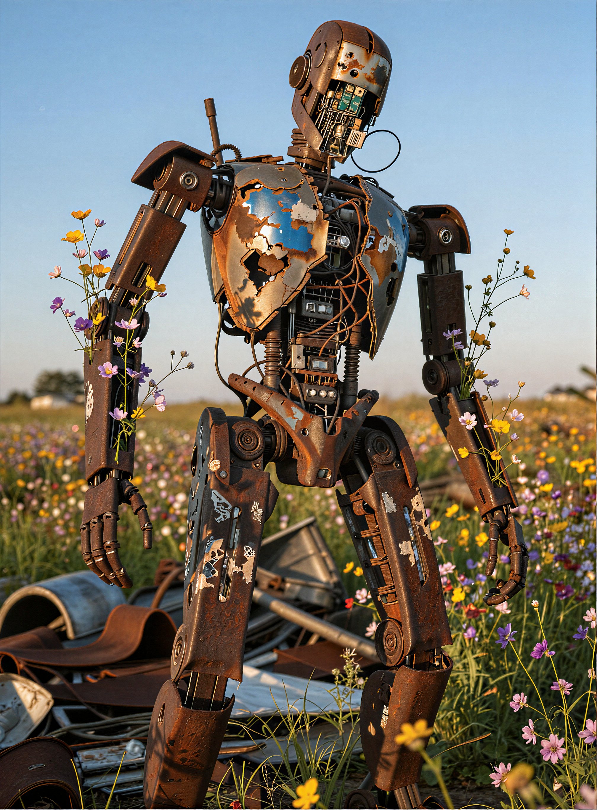 A rusted robot,  its frame a patchwork of scrap metal and frayed exposed wiring,  stands amidst a landscape of overgrown w...