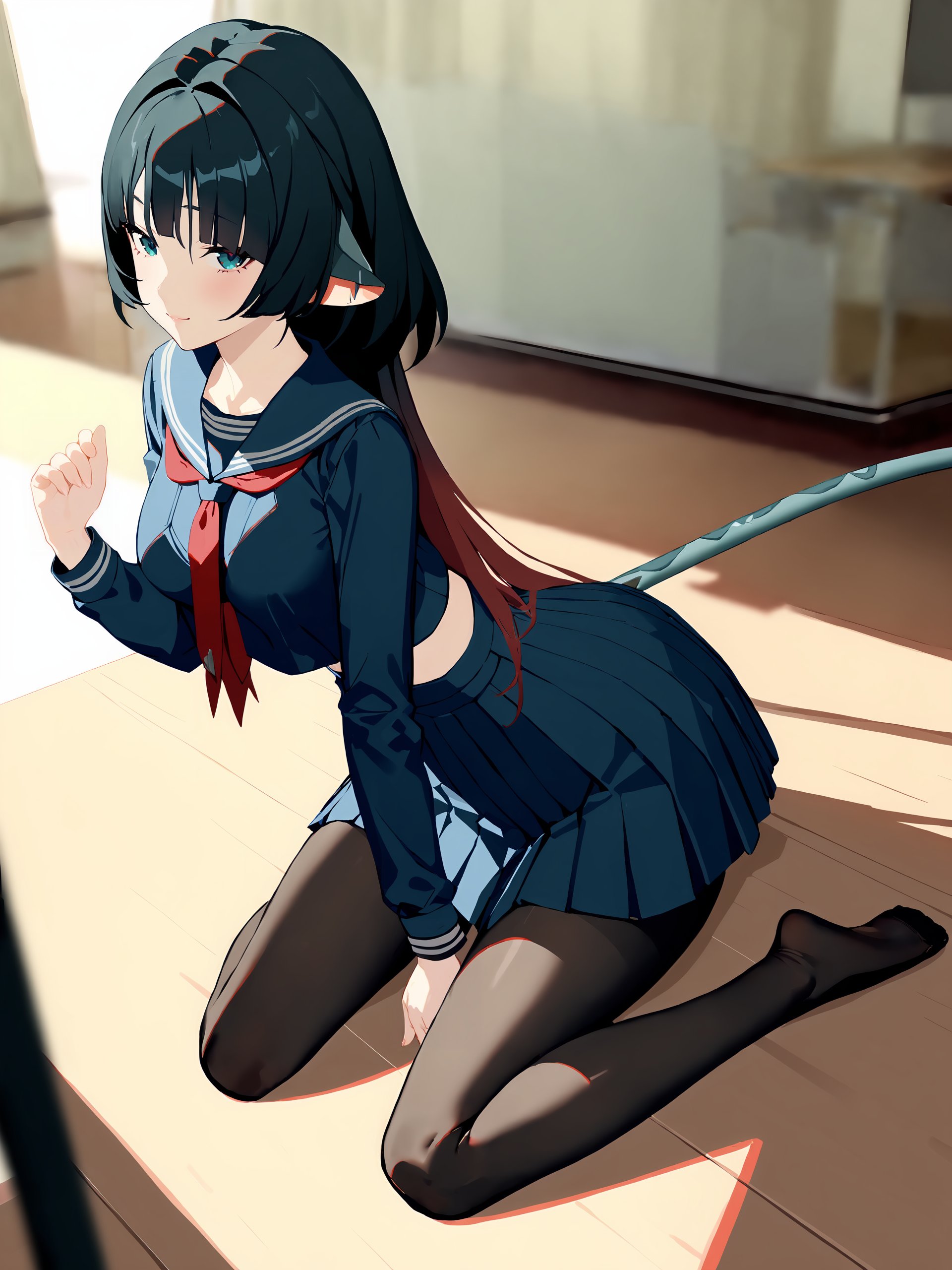 1girl, jane doe \(zenless zone zero\), long hair, solo, serafuku, sailor collar, pleated skirt,  pantyhose, no shoes, looking at viewer, light smile, full body, sitting, wariza, classroom, indoors, depth of field, tail <lora:Char-ZZZ-JaneDoe-V1-XL:1> <lora:XL-tool-extremely_detailed:1> solo, extremely detailed, masterpiece, best quality, perfect features, intricate details, ray tracing, very aesthetic, (hitenkei, askzy:0.4)