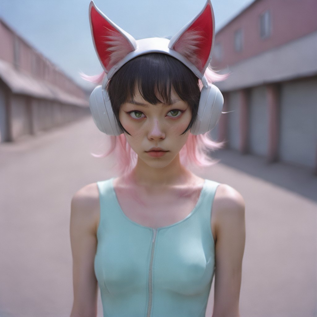 kittygirl, cat ears, headset, Portrait by Rinko Kawauchi depicts a 18 yo beauty Japanese model posing for Vogue magazine, in a deserted street, medium full shot, youthful aesthetics, hauntingly beautiful visuals, soft pastel tones, tender surrealism, feminine,<lora:kittygirl:0.8>