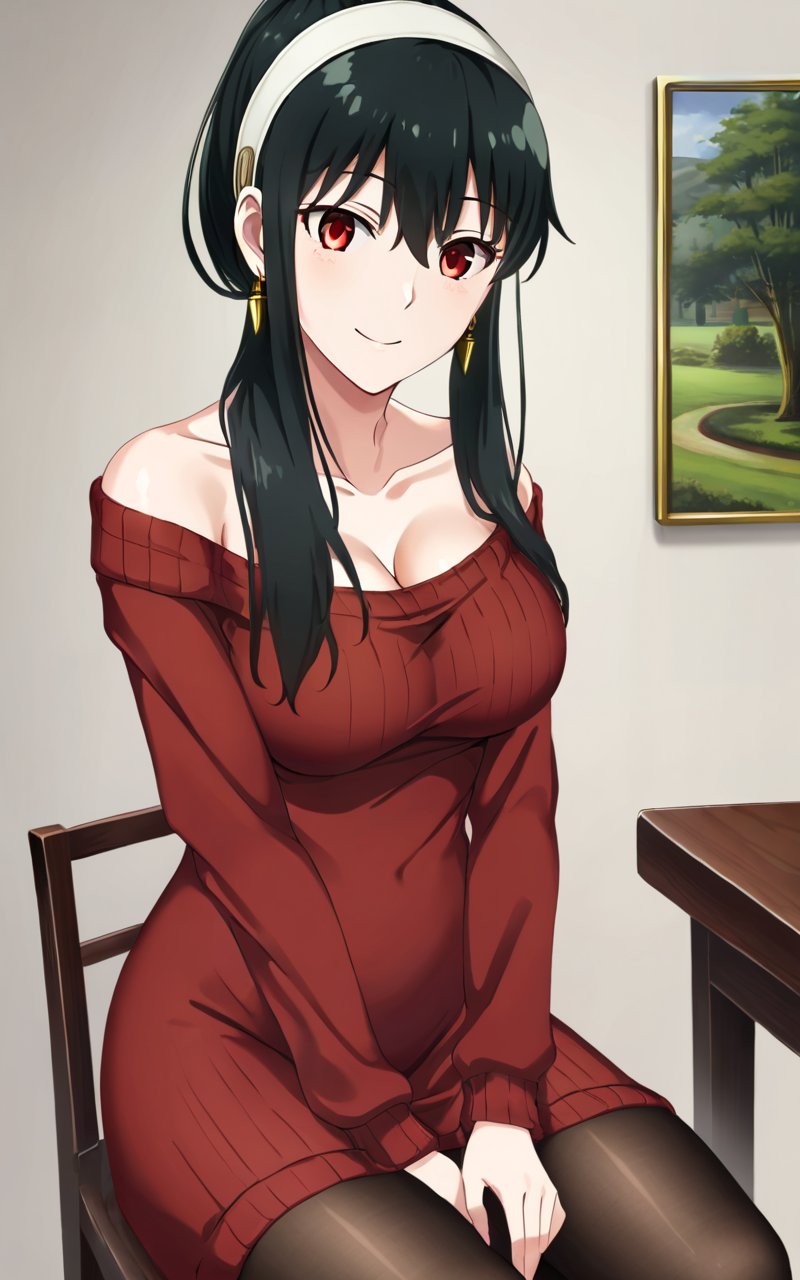 1girl, <lora:sdxl-sf-yor_briar:0.9>, yor briar, yor forgfer, updo (folded ponytail hair pulled back), (Folded tied hair) , long length red sweater_dress, off shoulder, long sleeves collarbone cleavage, dining room, black pantyhose, white hairband , black hair sideburns, (slanted eyes) red eyes, medium breasts, shiny hair, bangs, gold earrings, long locks, hair between eyes, skindentation smile, (troubled eyebrows:0.6) , reaching out, Sitting, on knee , Dutch Angle/Dutch TiltAfullbody, looking away, contrapposto, dynamic pose, cinematic lighting, extremely quality extremely detailed, illustration, cute anime face