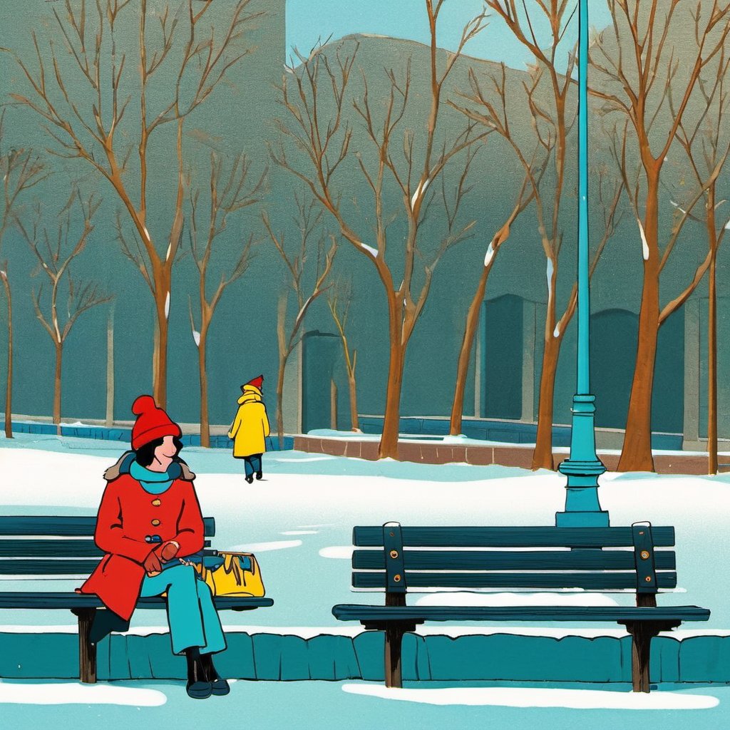 chahua, black footwear, cat, blue pants, pants, tree, red headwear, yellow headwear, outdoors, hat, bench, coat, snow, wide shot, sitting, building, 1girl, red coat, black hair, aqua shirt, <lora:扁平风格_插画XL:0.8>, masterpiece, best quality,