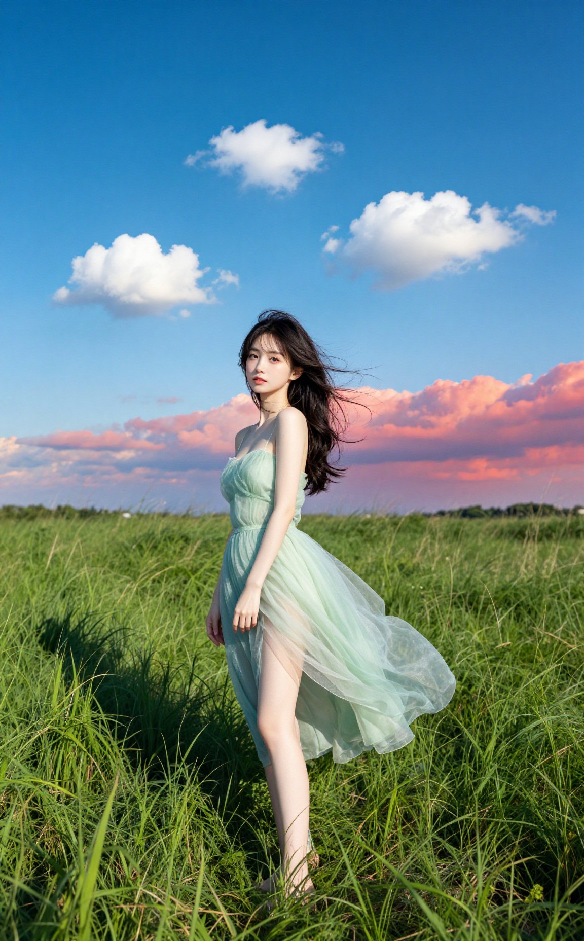 一个青春美女,  半身高度的草海、似巨大的翠绿色绒毯,  可爱脸庞女性模特、身穿淡绿色网纱半身半透明露腿裙、慵懒碎发、天空碧蓝碧蓝、仅有三两棉花纯白云朵、自然皮肤纹理 by 天海TianHai on Tensor.Art