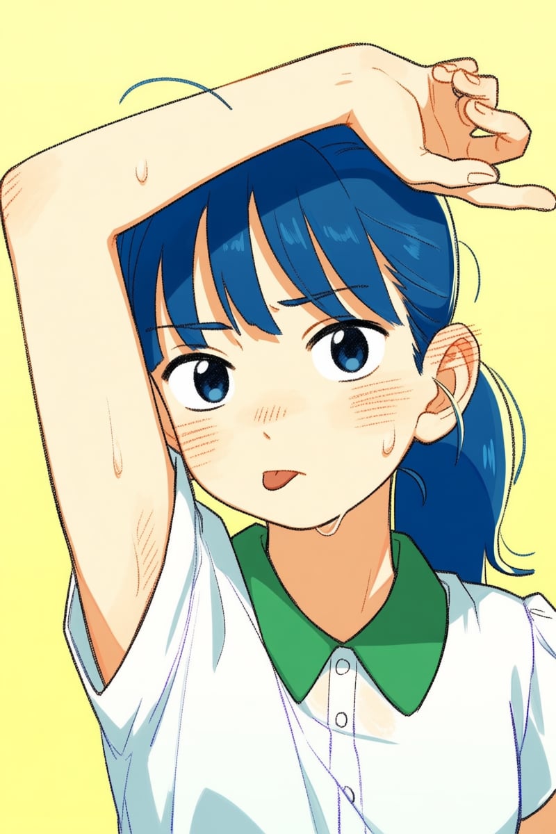 @nnsst,  The image depicts a young woman with blue hair tied in a ponytail,  raising her right arm above her head while sw...