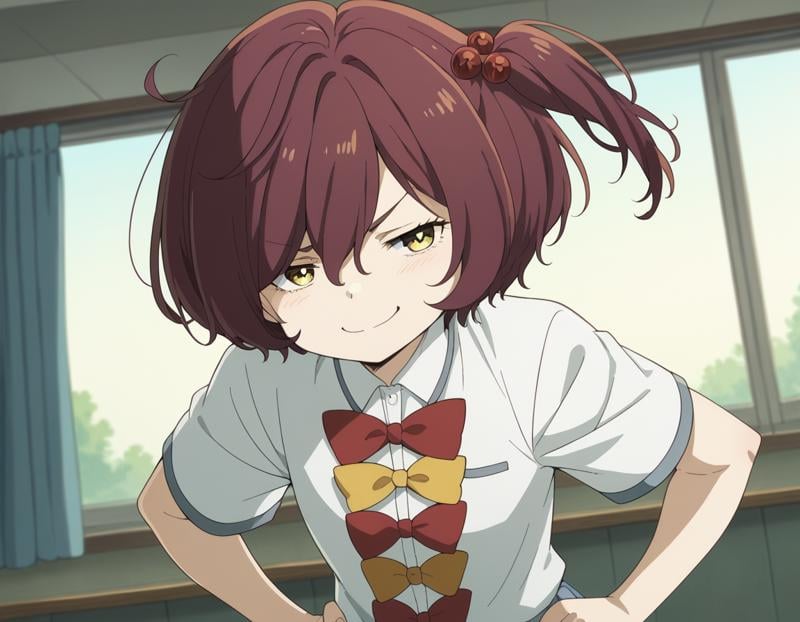 score_9, score_8_up, score_7_up, source_anime, <lora:chika-komari-alpha-ponyxl-lora-nochekaiser:1>, chika komari, short hair, bangs, brown hair, hair ornament, hair between eyes, side ponytail, one side up, hair bobbles, yellow eyes,, skirt, shirt, bow, school uniform, white shirt, short sleeves, pleated skirt, bowtie, yellow bow, grey skirt, yellow bowtie, red bow, red bowtie,, indoors, smug, smile, looking at viewer, solo, hands on hips,, cowboy shot, dutch angle