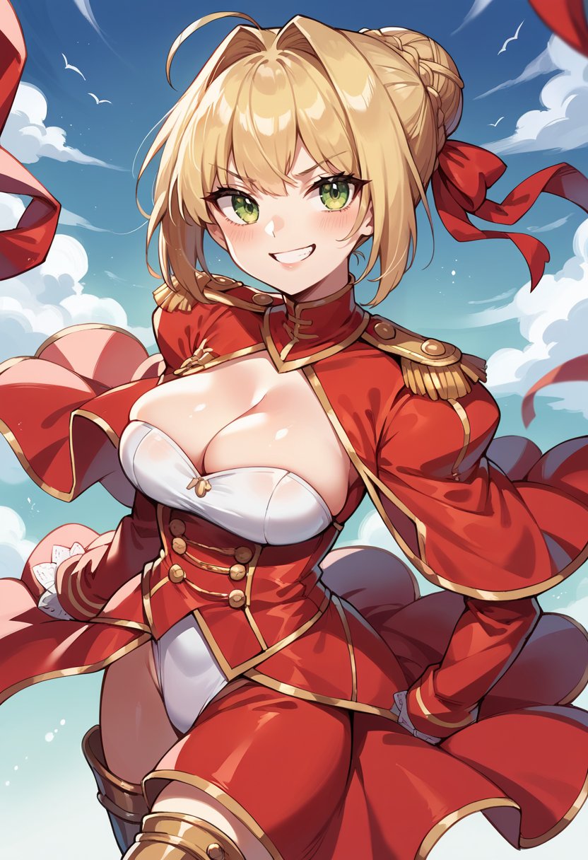 score_9, score_8_up, score_7_up, source_anime, mlneroog, ahoge, blonde hair, epaulettes,  intakes, hair ribbon, juliet sleeves, leotard under clothes, long sleeves, red dress, cleavage cut out, greaves, cleavage, red ribbon, white leotard, <lora:NeroClaudiuspdxl:0.8>, smile,  hair bun, french braid, smug smile, green eyes