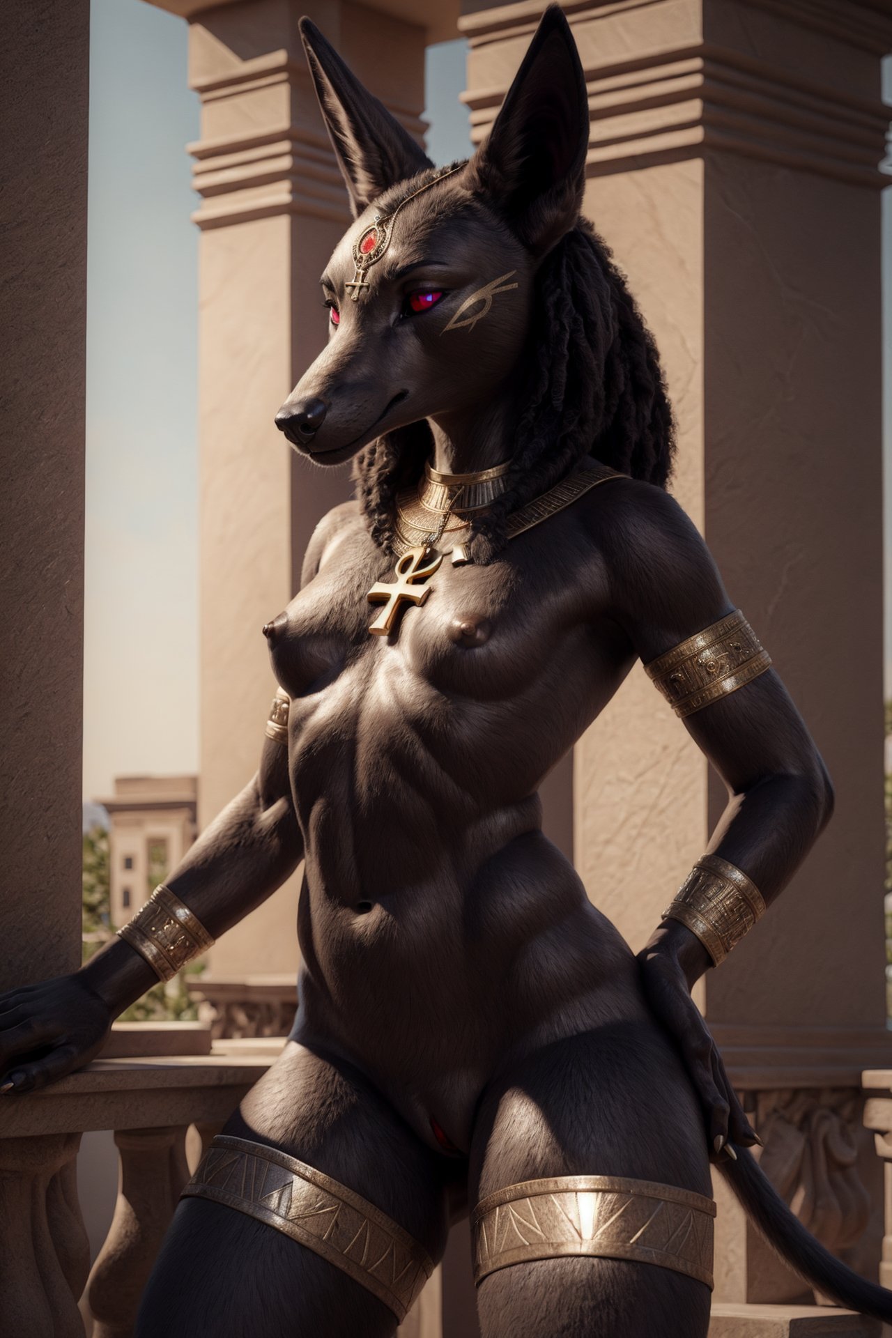 solo, 1girl, best quality, anubis, red eyes, furry, animal ears, furry female, dark body fur, thighlet, navel, jewelry, thick thighs, ankh, cleft of venus, nipples, nude, pussy, small breasts, in heat, tail, ankh, long_snout, (perfect_hands:0.8), (realistic)