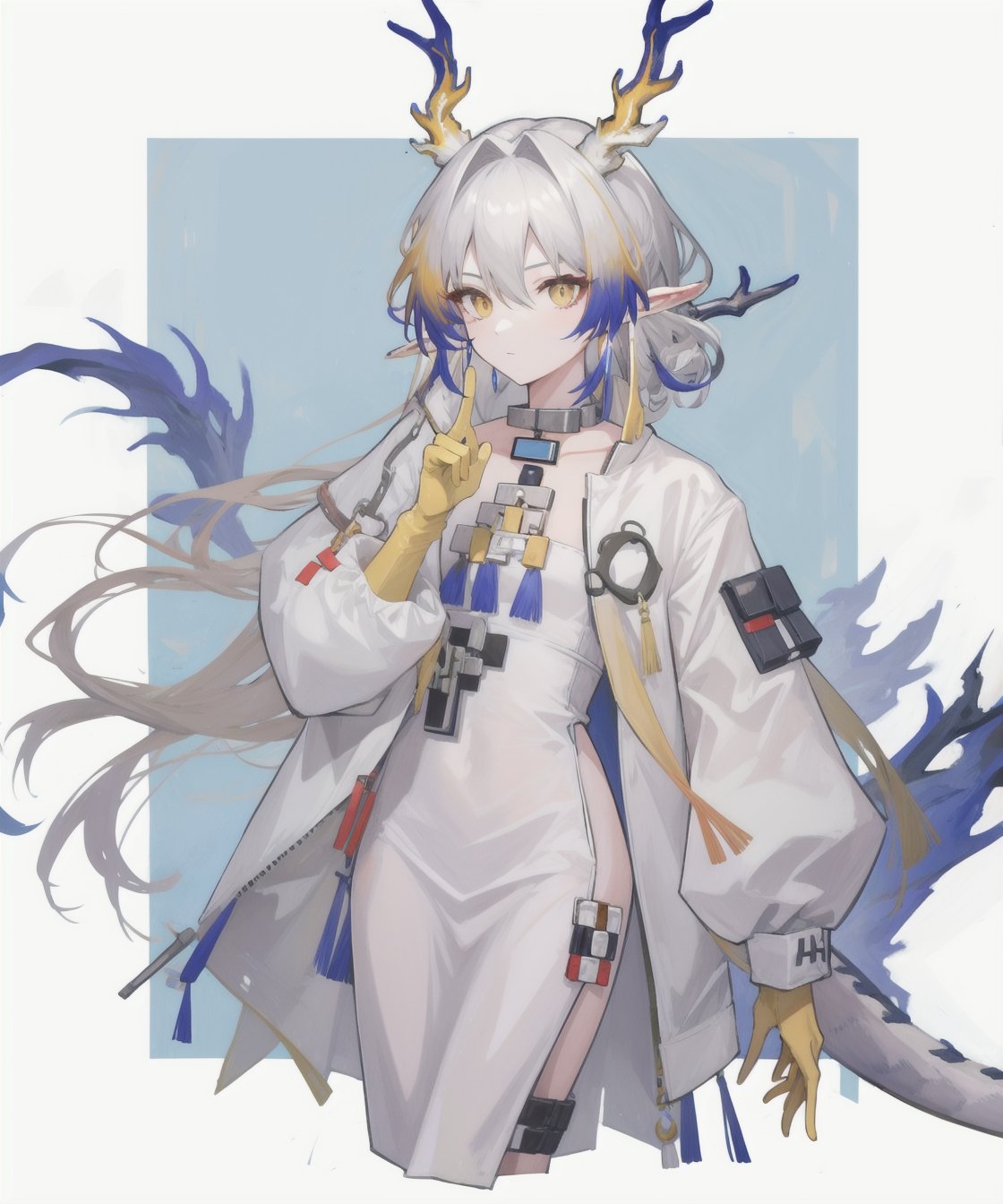 <lora:方舟黍:1:lbw=char>,1girl,shu(/arknights),horns,high quality,long sleeves,white dress,yellow gloves,white coat,dragon tail,tail,jewelry,solo,, (masterpiece,best quality:1.2),absurdres, high quality,