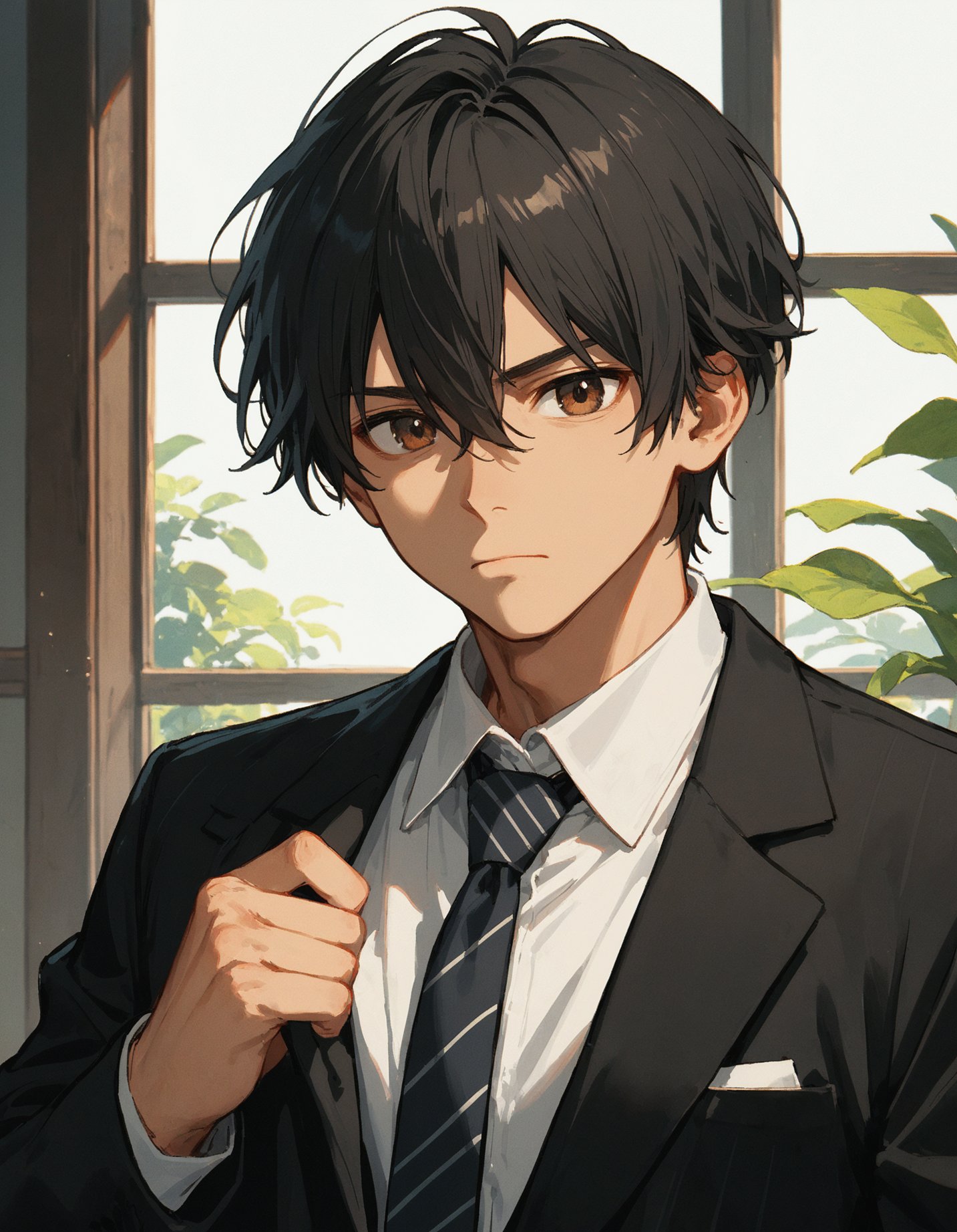 score_9, score_8_up, score_7_up, solo, looking at viewer, short hair, bangs, shirt, black hair, 1boy, hair between eyes, brown eyes, closed mouth, jacket, white shirt, upper body, necktie, collared shirt, formal, portrait, adjusting clothes, 