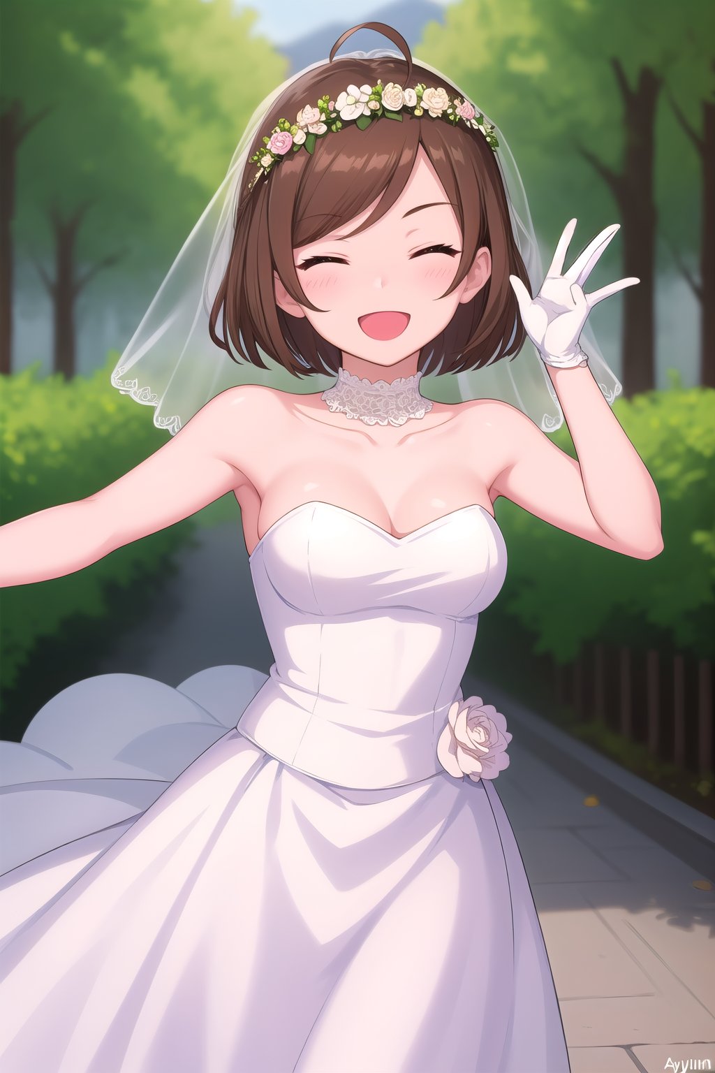 (masterpiece, best quality), highly detailed background, perfect lightingbest quality, imyujin, solo, outdoors, nature, bridal veil, brown hair, ahoge, swept bangs, parted bangs, short hair, closed eyes, medium breasts, wedding dress, white dress, white gloves, frilled skirt, smile, open mouth, ^o^, <lora:Im-Yujin:0.5>