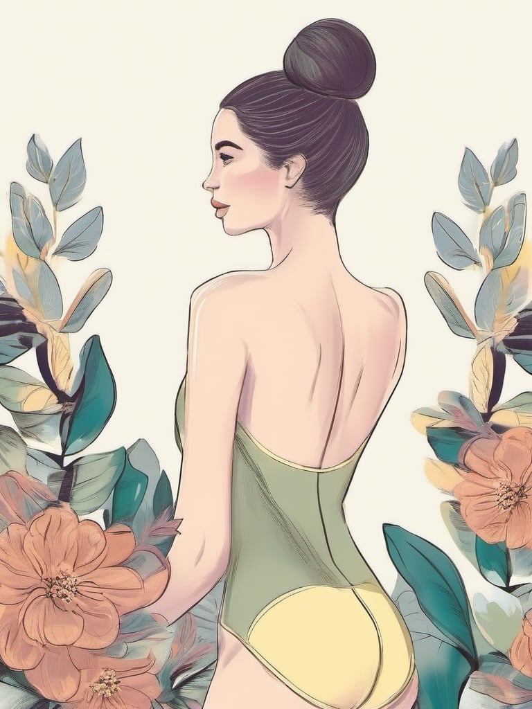 1NK , <lora:1NK:1>, illustration of a young woman in a swimsuit. She is standing with her back to the viewer, facing away from the camera. Her hair is styled in a high bun and she has a serious expression on her face. The background is filled with various flowers and leaves, creating a floral and leafy atmosphere. The overall style of the illustration is sketchy and minimalistic.