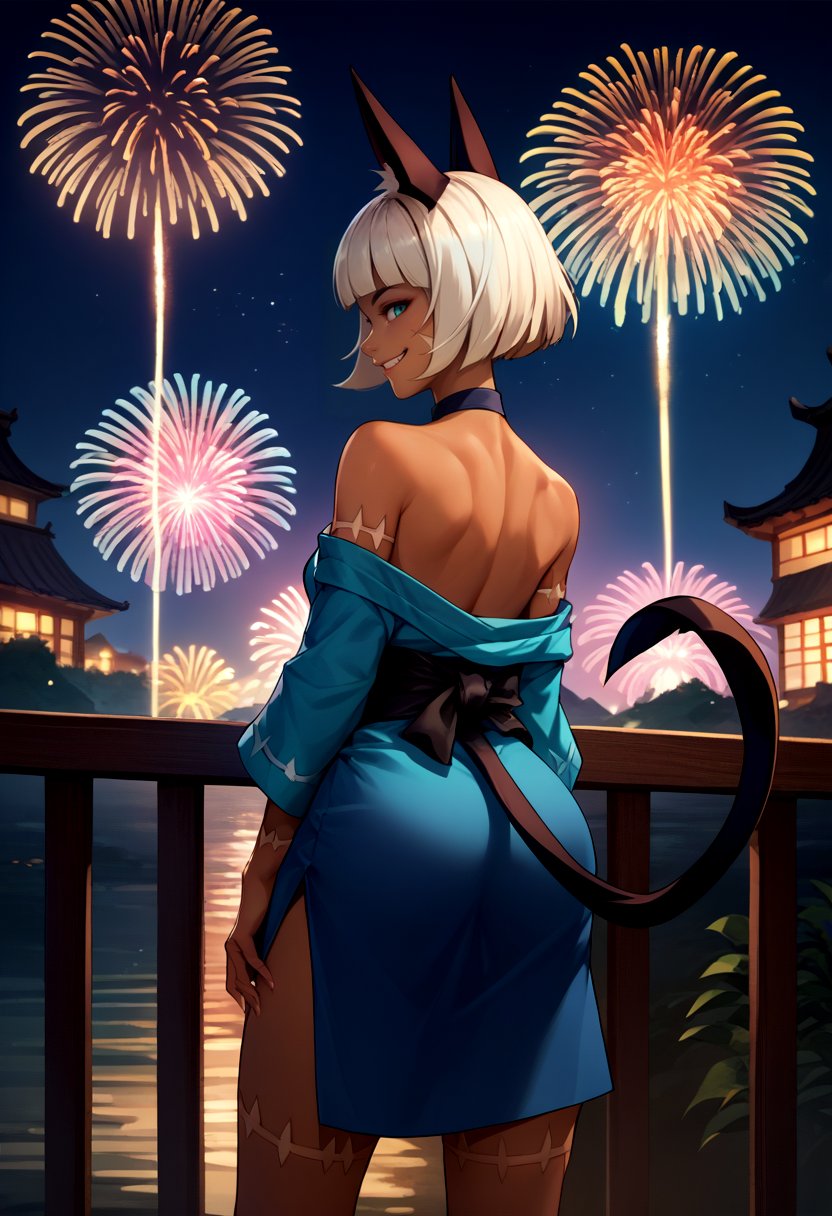 score_9, score_8_up, score_7_up, source_anime, from behind, solo, 1girl, sgmsfortune, dark skin, smile, looking back, bob cut, animal ears, blue kimono, off shoulder, black sash, cat tail, bare shoulders, fireworks <lora:skullgirls_msfortune_ponyXL:1>