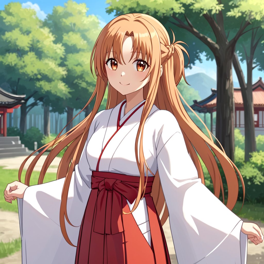 score_9, score_8_up, score_7_up, score_6_up, score_5_up, score_4_up, source_anime, yuuki asuna, long hair, 1girl, solo, japanese clothes, miko, white kimono, smile, outdoors, hakama, looking at viewer, skirt, day, hakama skirt, tree, red hakama, long sleeves,masterpiece, perfect face, best quality, beautiful girl, cute girl, beautiful eyes, shiny eyes, anime coloring, anime screencap, absurdres, outdoors, <lora:yuuki asuna wai 924:0.6>