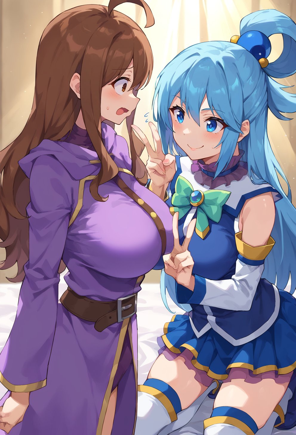 score_9, score_8_up, score_7_up, score_6_up, source anime, BREAK <lora:konosuba_multiple_merge:1> 2girls, multiple girls, light beam,2girls, wiz \(konosuba\), brown hair, brown eyes, long hair, large breasts, purple robe, :o, sweatdrop, @ @,2girls, auqapnxl, aqua \(konosuba\), blue hair, v, kneeling, blue eyes, evil smile, god rays,