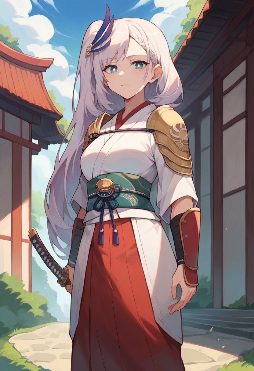 score_9, score_8_up, score_7_up, 1girl, solo, PavoliaReine, bright pupils, long hair, side ponytail, feather hair ornament, samurai, japanese armor, shoulder armor, standing, outdoors, japanese village, confident stance, dynamic angle, holding katana, <lora:PavoliaReinePDXL:1>