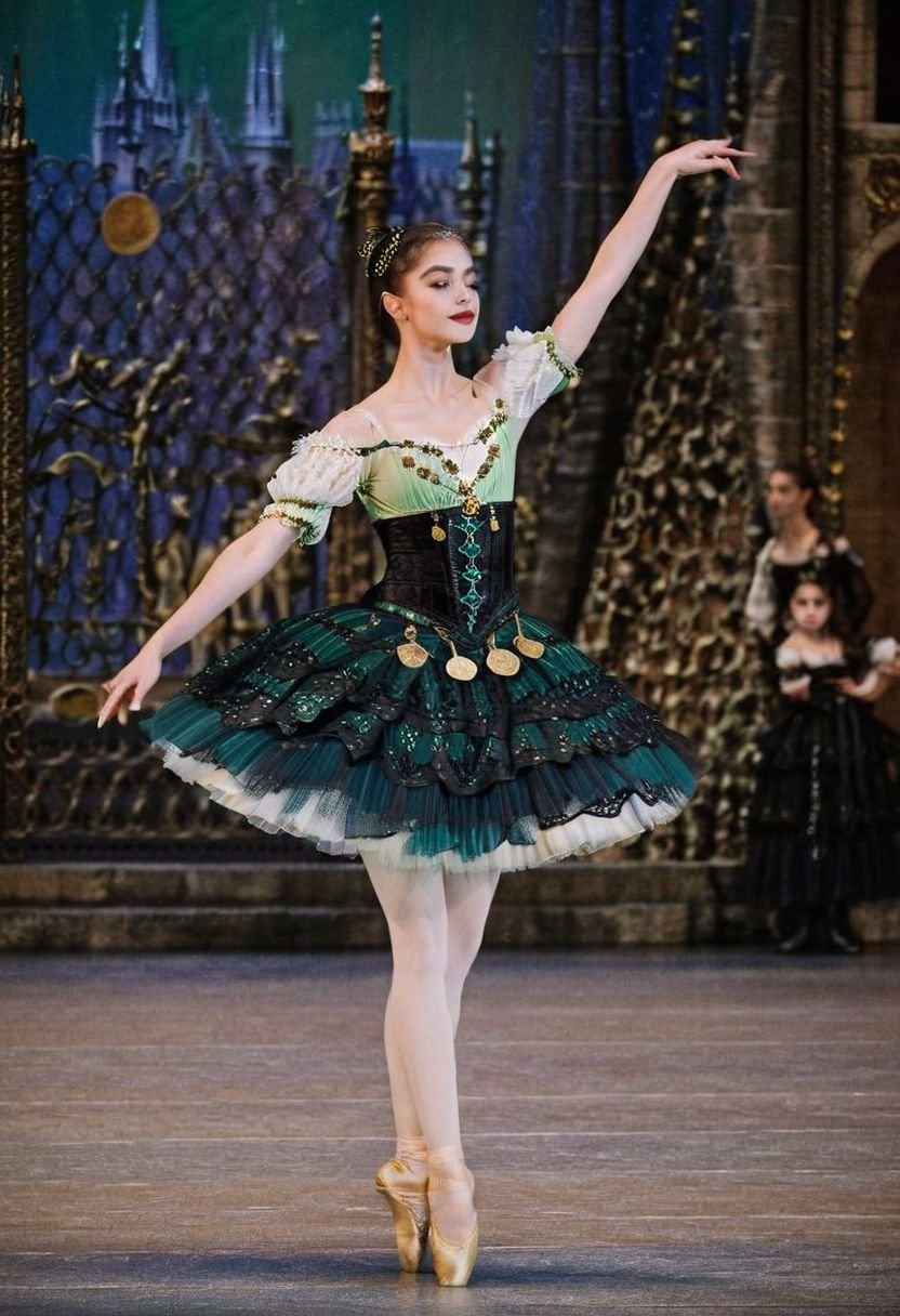 A dynamic full body establishing shot of Ja4w3 performing onstage in a ballet production,  ((updo hairstyle adorned with g...