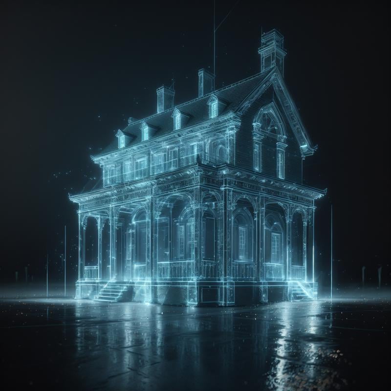 glow particle,blue theme,house,translucent fluorescent,optical flares,city background,(best quality),((masterpiece)),(highres),original,extremely detailed 8K wallpaper,(an extremely delicate and beautiful),