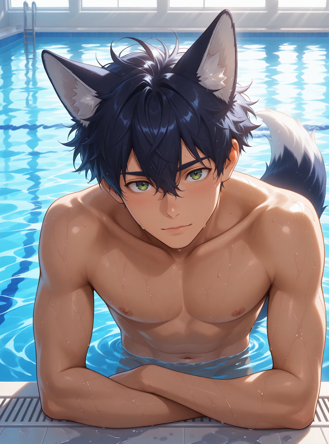 nude in indoor swimming pool,  leaning on edge,  cock hard above water surface by Furyon on Tensor.Art