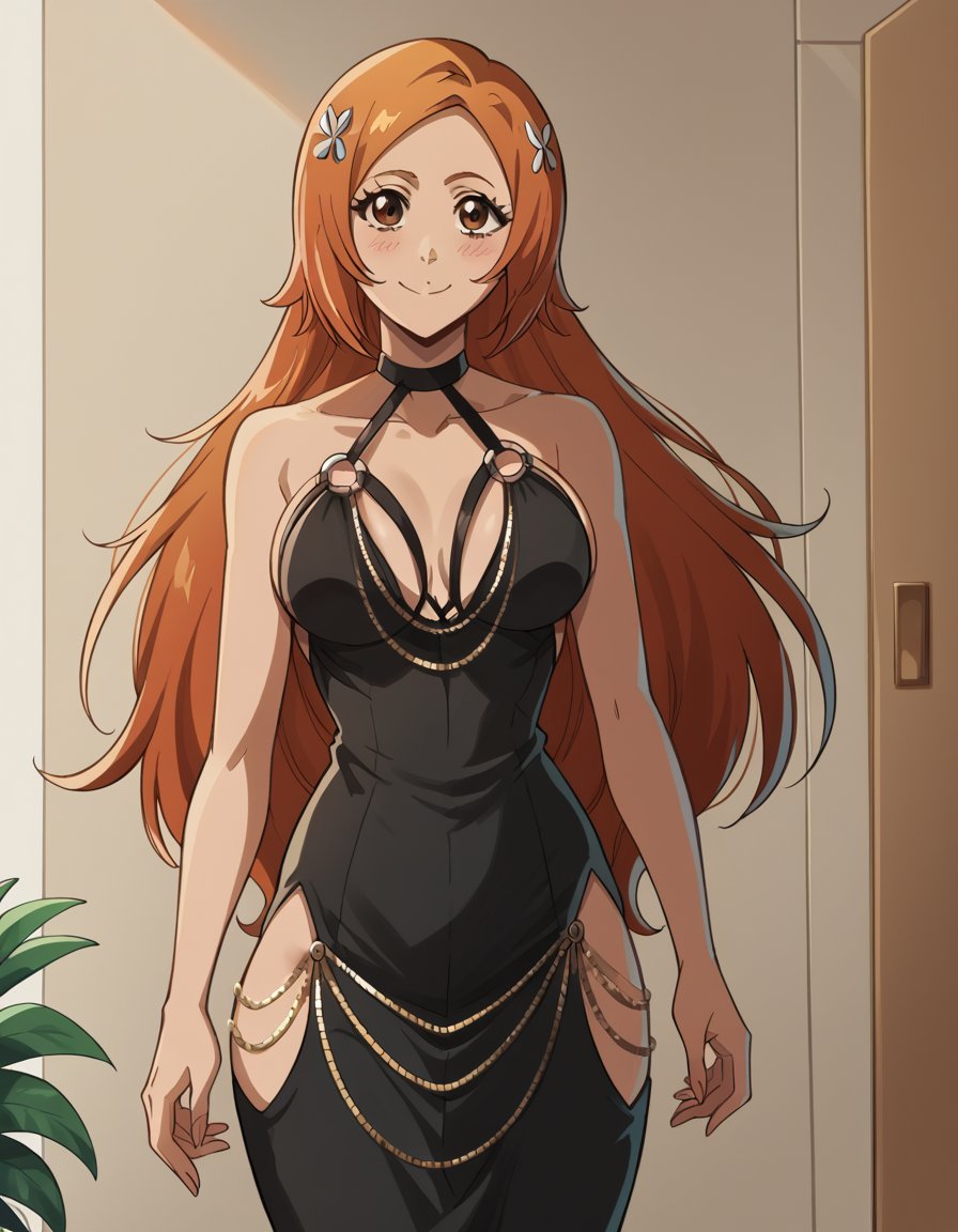 score_9, score_8_up, score_7_up, source_anime, inoueorihime, <lora:inoue-orihime-tybw-ponyxl-lora-nochekaiser:1>, inoue orihime, long hair, orange hair, brown eyes,, <lora:madokawa-dress-ponyxl-lora-nochekaiser:1>, modakawa dress, gold chain, tight dress, hip vent, low neckline, criss-cross back-straps, taut dress, evening gown, o-ring dress, black dress, backless dress,, indoors, smile, blush,, cowboy shot, dutch angle,