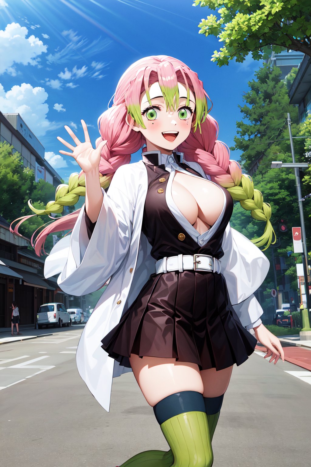 masterpiece, best quality, highres, aamitsuri, long hair, braid, multicolored hair, green eyes, mole under eye, large breasts, japanese clothes, cleavage, white jacket, haori, black shirt, open clothes, belt, pleated skirt, (black skirt:1.2), green thighhighs, ribbed legwear, <lora:kanroji_mitsuri_v1:0.7>, standing, cowboy shot, outdoors, waving, smile, open mouth,