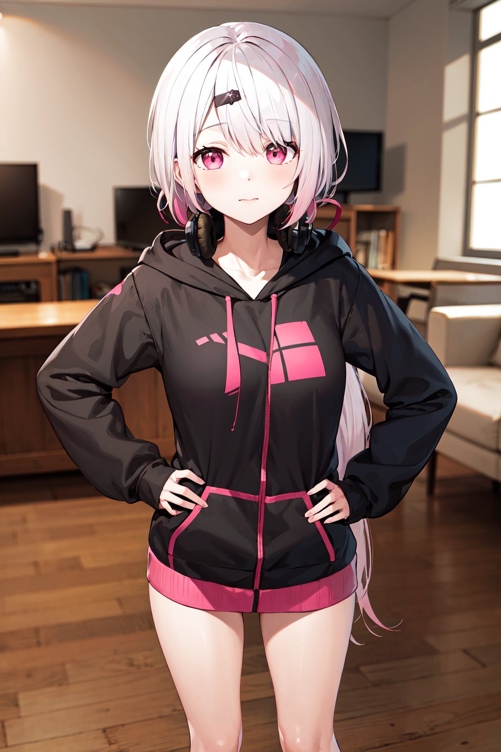 masterpiece, best quality, highres, ccyuika, very long hair, gradient hair, pink hair, white hair, low ponytail, hair ribbon, hairclip, headphones around neck, hood, black hoodie, long sleeves, bare legs, <lora:shiina_yuika_v1:0.7>, living room, hand on hip, arms at sides, 