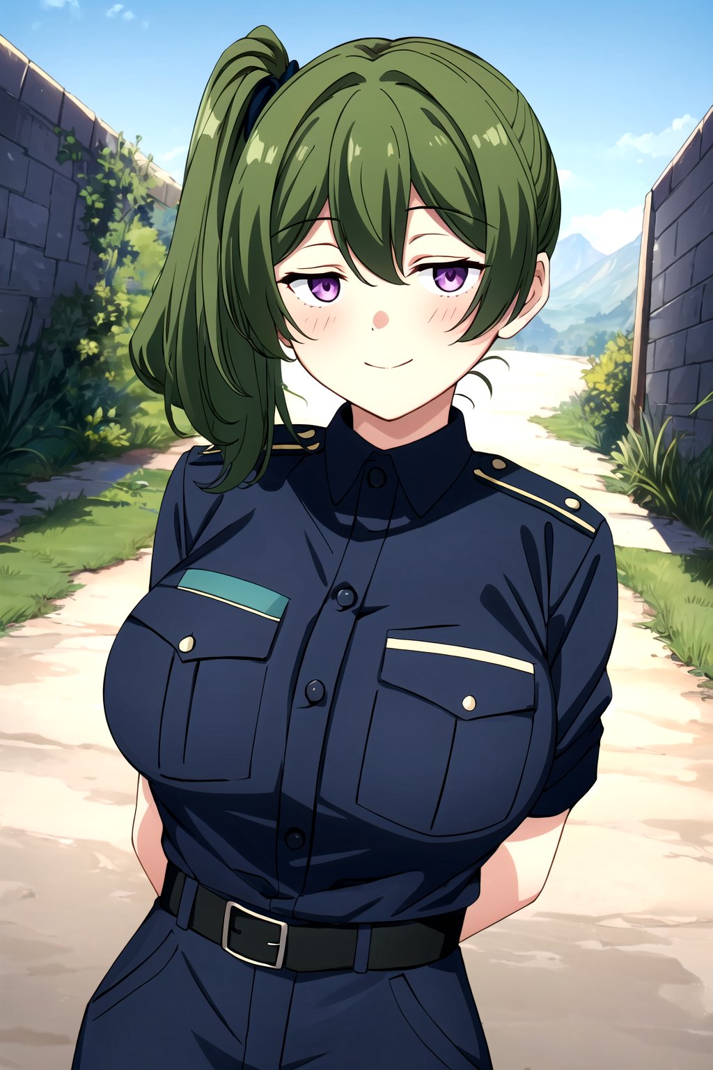 (masterpiece, best quality, highres, dynamic lighting), <lora:add_detail:0.4>, looking at viewer, blush, closed mouth, happy, mature female, large breasts, looking at viewer, outdoors, <lora:ubel-10:0.7>, ubel, side ponytail, police uniform, arms behind back