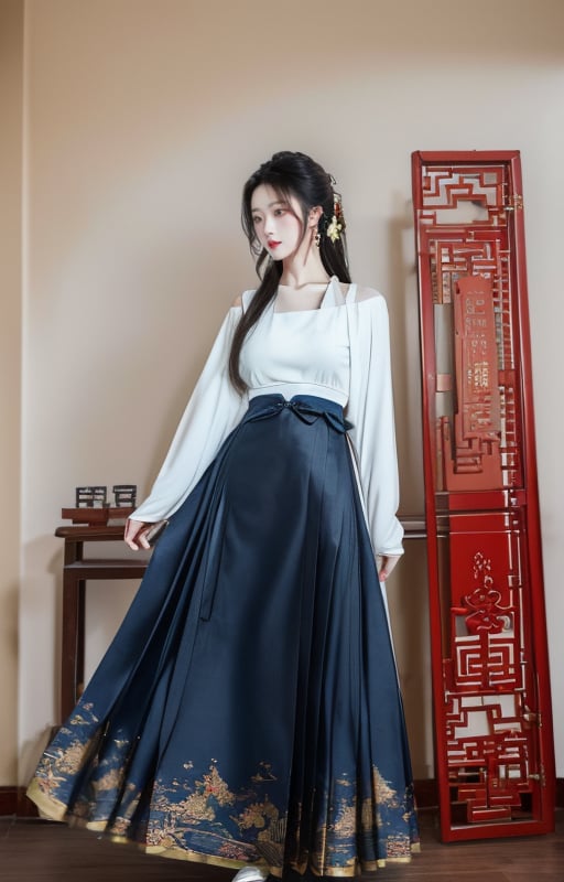 (8k, RAW photo, best quality, masterpiece:1.2),mamianqun,1girl,solo,(traditional white top:1.4),wearing a dark blue long dress,red wall,long hair,chinese style clothes,chinese wind photos,standard pretty girl,traditional hairstyle,<lora:mamianqun:0.7>,