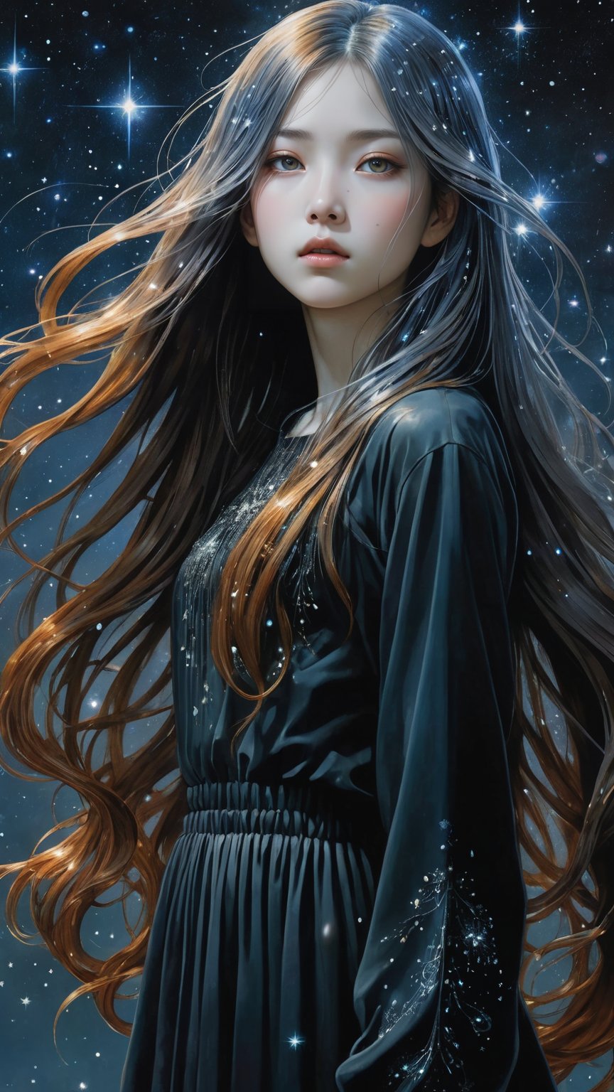 (dark dim dramatic atmosphere)+ 8k portrait of a girl with super long aurora hair, hair dissolving+ into bright stars, in drip modern clothing, intricate, highly detailed, digital painting, smooth, sharp focus, illustration, ((masterpiece)), (art by Yoshitaka Amano:2)