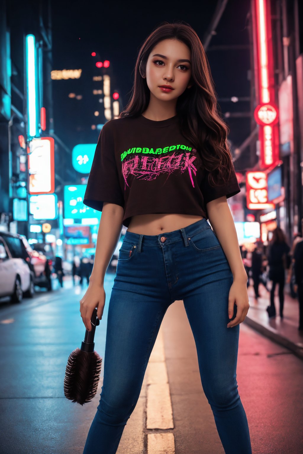 Gamer girl with wavy brown hair and brown eyes, streaming setup with neon cyberpunk and lofi colors, heavy brush strokes. Wearing an oversized T-shirt (skinny legs:1.4), detailed skin texture, (blush:0.2), (goosebumps:0.3), subsurface scattering