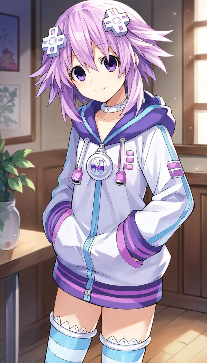 score_9, score_8_up, score_7_up, score_6_up, score_5_up, source_anime, 1girl, solo, purple eyes, purple hair, short hair, sidelocks, d-pad hair ornament, smile, closed mouth, choker, shoes, white choker, hoodie, jacket, striped, striped legwear, thighhighs, standing, looking at viewer, dutch angle, cowboy shot, indoors,  <lora:Neptune_Neptunia_PonyXL:0.8>, Neptune \(neptunia)\,