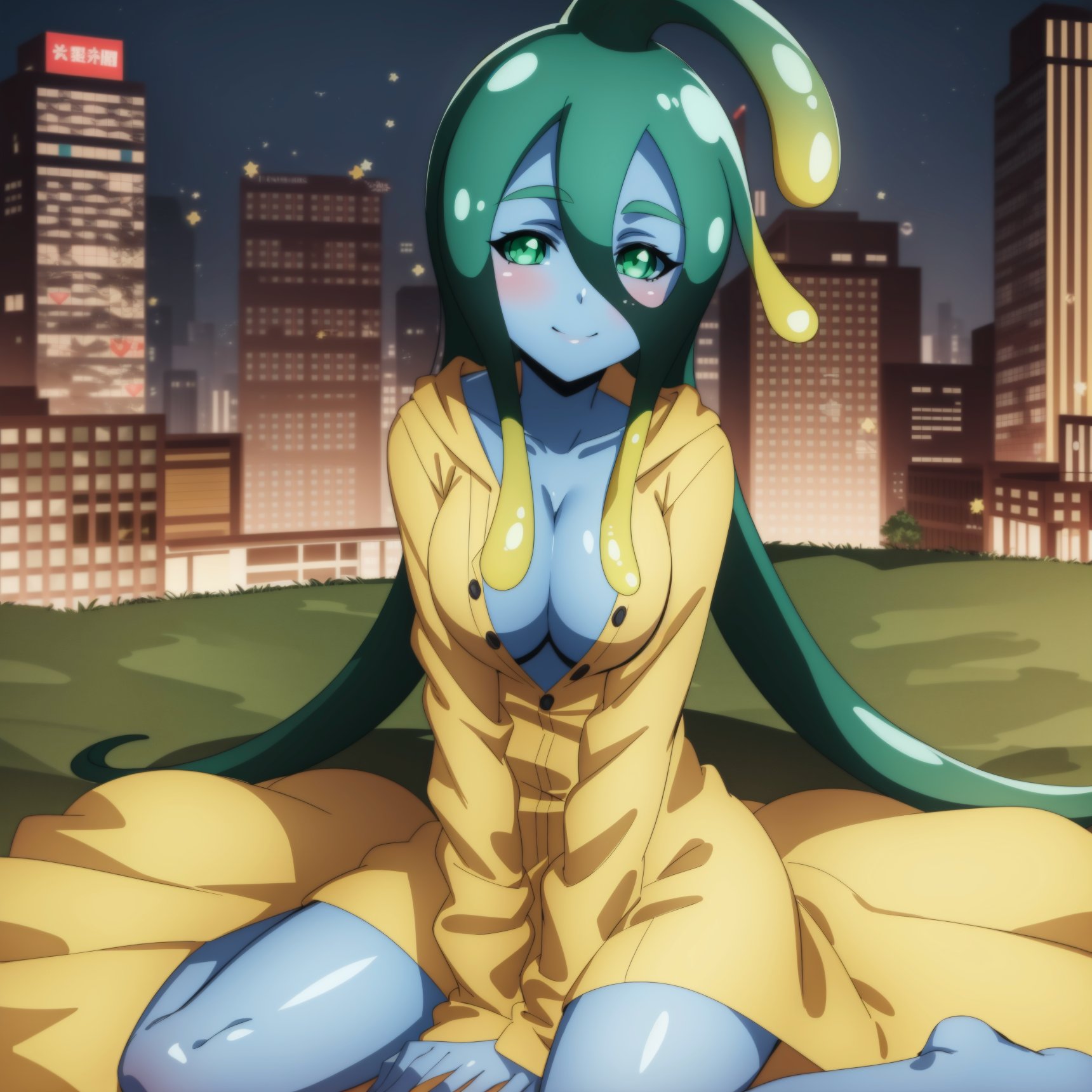 <lora:Suu:1>anime coloring,city,, breasts, solo, green eyes, blue skin, slime girl, raincoat, smile, green hair, colored skin, yellow raincoat, monster girl, long hair, tentacle hair, large breasts, cleavage, ahoge, blush, very long hair, sitting, looking at viewer, wariza, hand between legs, between legs