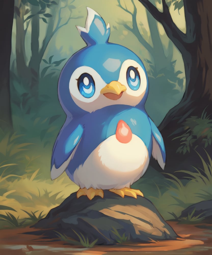 <lora:Pengullet_Palworld_v1.0_:1> (palpengullet:1.2), solo, forest, happy, open mouth, blue eyes, beak, chibi, by hioshiru, by wkar