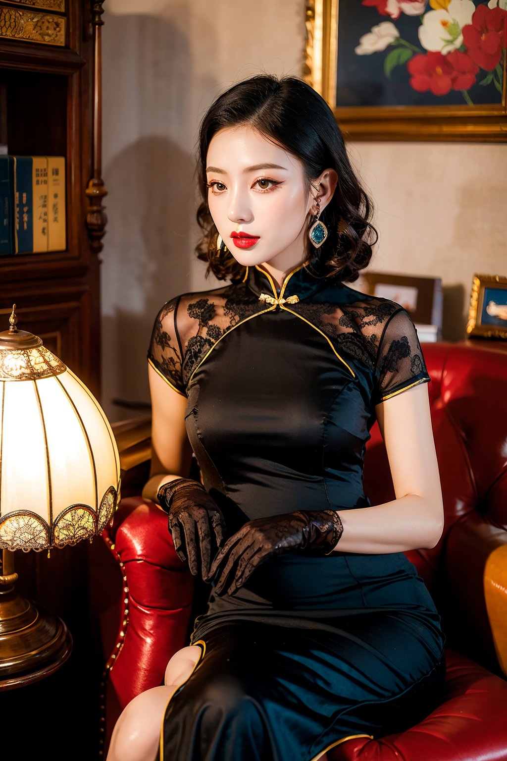 1girl,gloves,(realistic:1.2),lace gloves,solo,wavy curls,lamp,chinese clothes,whole body,dress,black gloves,china dress,black hair,(red lips:0.7),earrings,short sleeves,looking at viewer,makeup,jewelry,chair,(lipstick:0.7),indoors,<lora:linhe minguoshannv_20231019115043:0.7>,