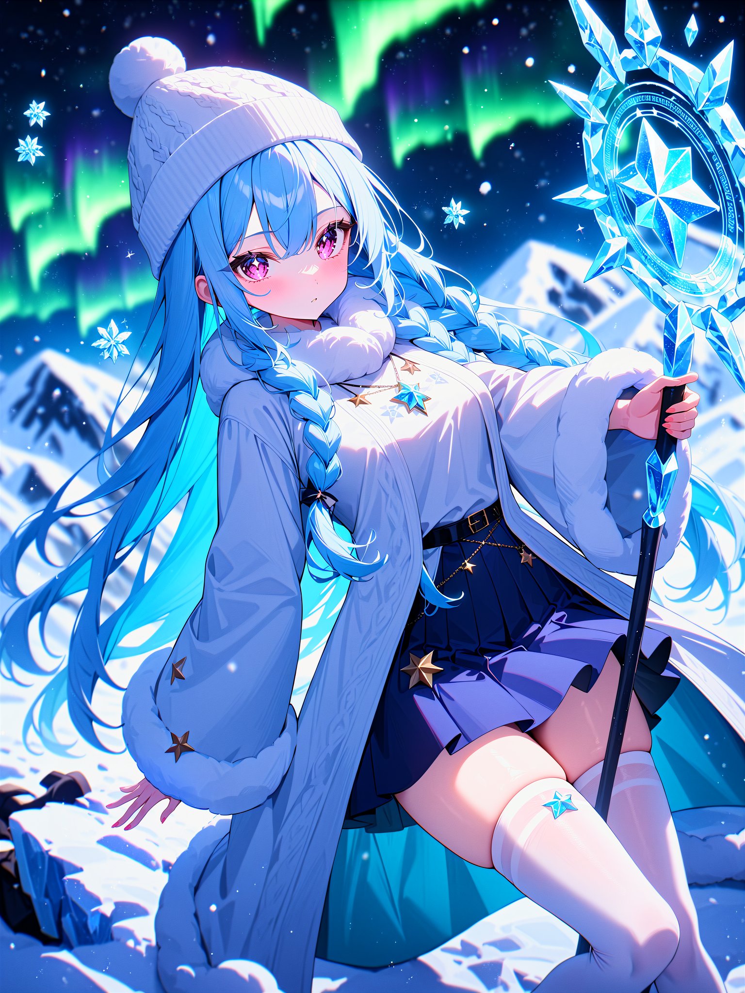 masterpiece, best quality, very aesthetic, absurdres, newest, 1girl, cute girl, teenager, pink eyes, ice blue hair, braid, long hair, medium breasts, robe, holding staff, fur trim, knit hat, wizard, blue skirt, miniskirt, thighhighs, white legwear, starry sky, star, aurora, night, snow, snow field, glacier, magic Circle, staff, ice Crystal, ice particle, ice flower, feet out of frame, acing viewer, 