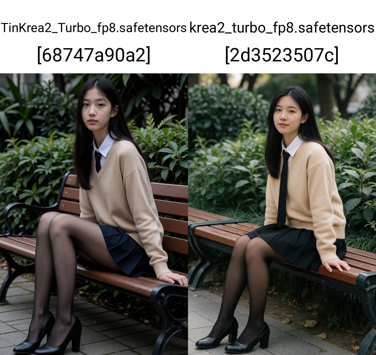 一位看起来二十岁出头的年轻亚裔女性坐在公园长椅上。一头乌黑的长发披散在肩上。她身穿米色毛衣,  内搭白色衬衫,  系着黑色领带。一条深色百褶裙和黑色薄丝袜包裹着她的双腿。脚上穿着黑色皮质高跟鞋。长椅由木板条和深色金属框架构成。郁郁葱葱的绿植构成...