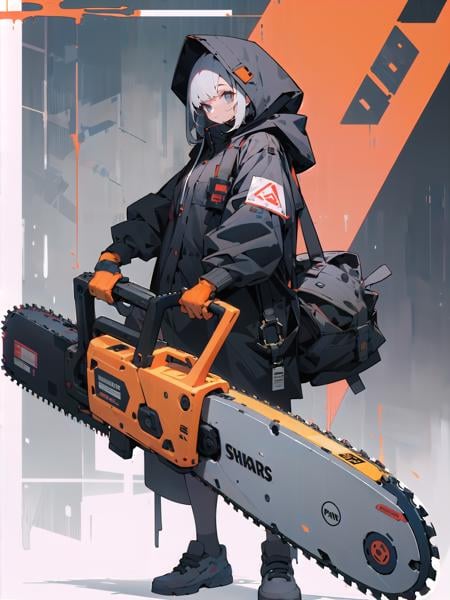 absurdres, highres, ultra detailed,1girl,oversized hooded jacket,full body,holding checanical chainsaw, <lora:weapon_v01:0.7>